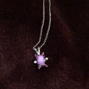 Dainty pink sunburst silver necklace